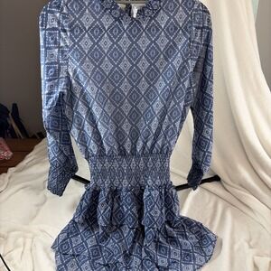 Pleat Halston Size 14 Blue Dress Geometric Smocked Waist and Sleeves NWT Ruffle